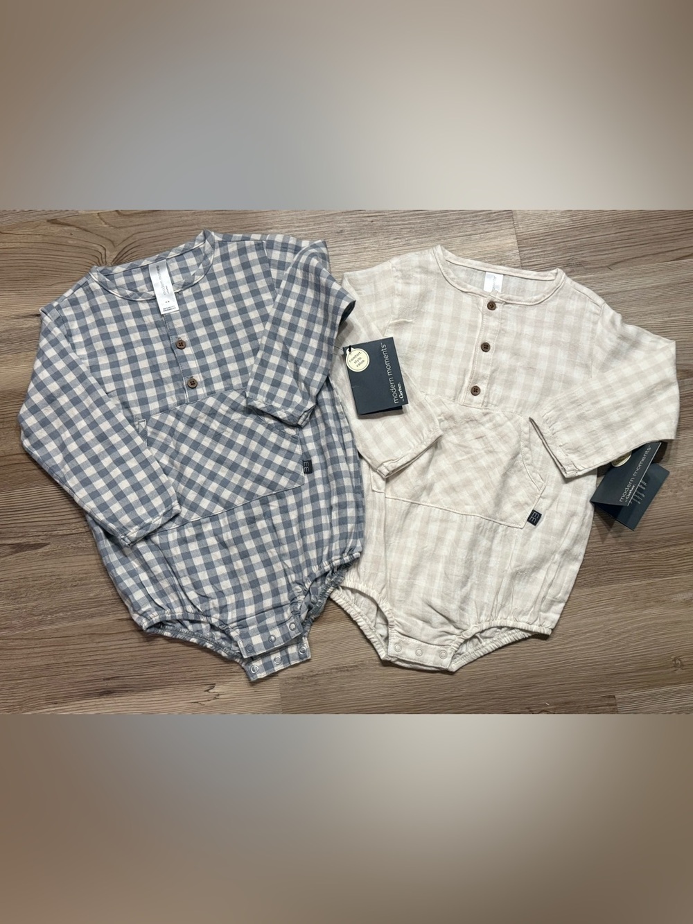 Modern Baby Checkered Rompers light kaki and blue gray